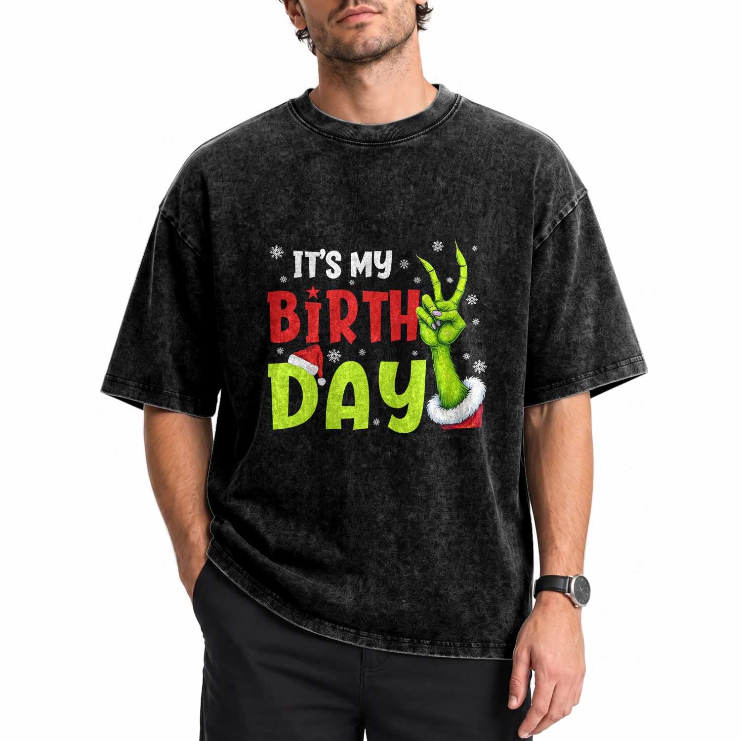 It's My Birthday Christmas Washed Cotton T-Shirt Funny Bday Xmas