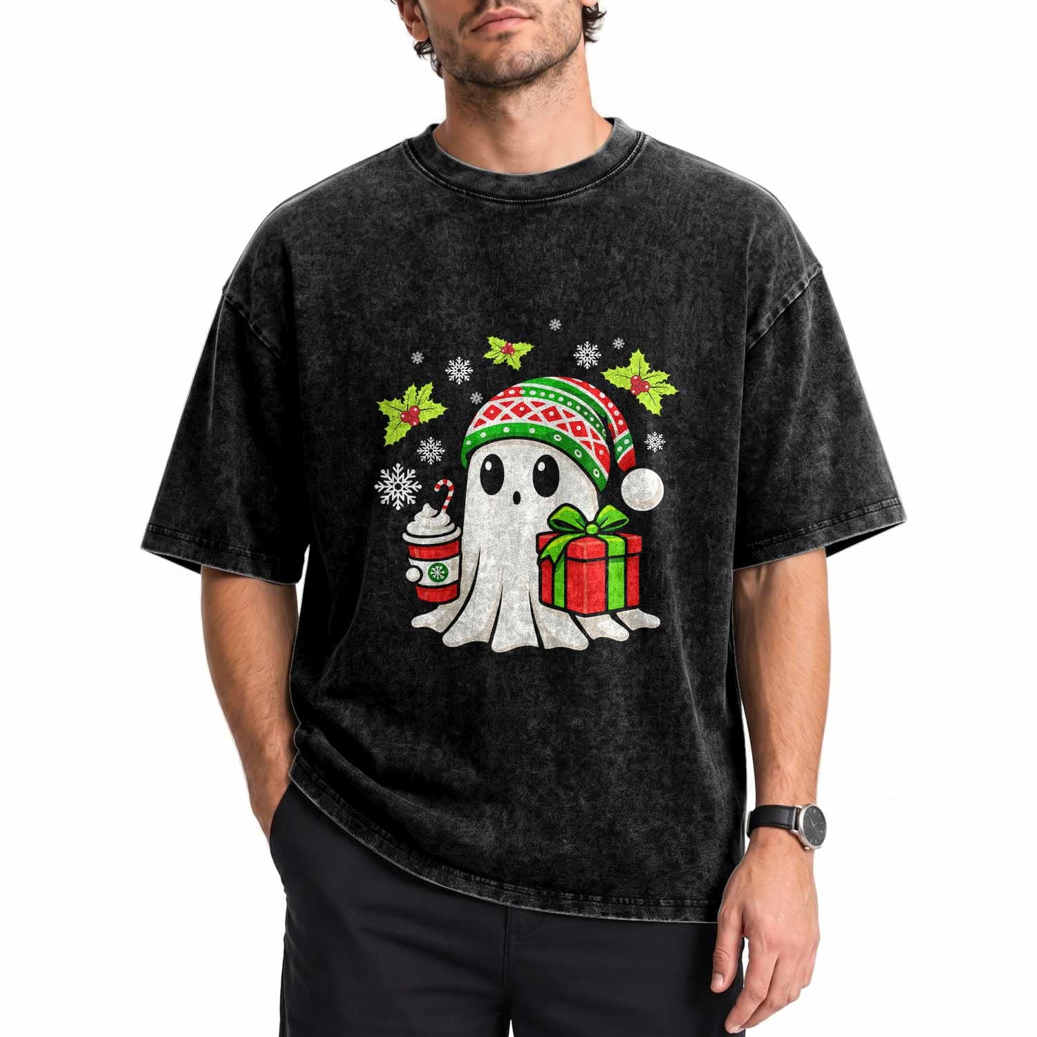 Ghost Santa Christmas Washed Cotton T-Shirt Holiday Xmas Halloween TS10 Print Your Wear