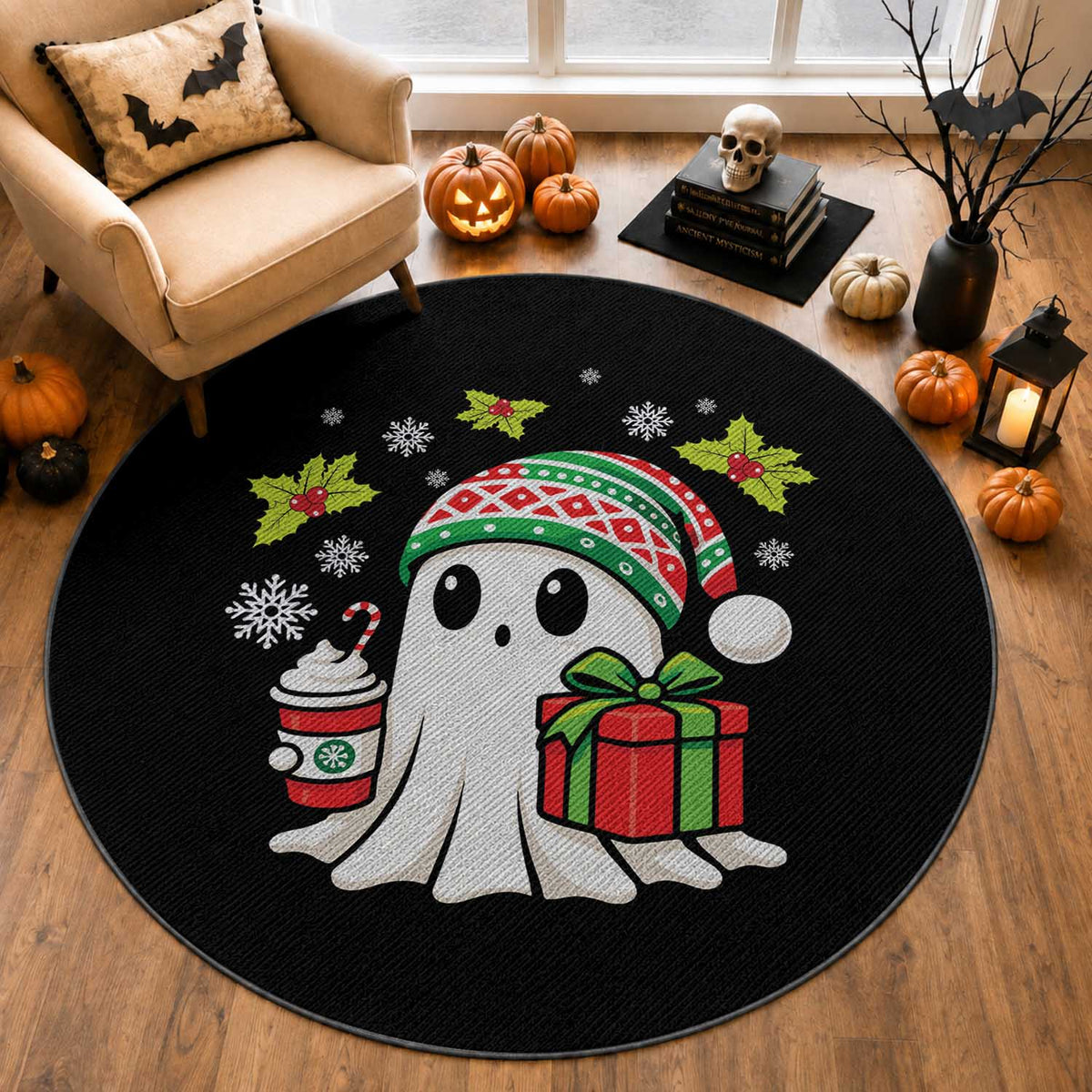 Ghost Santa Christmas Round Rug Holiday Xmas Halloween