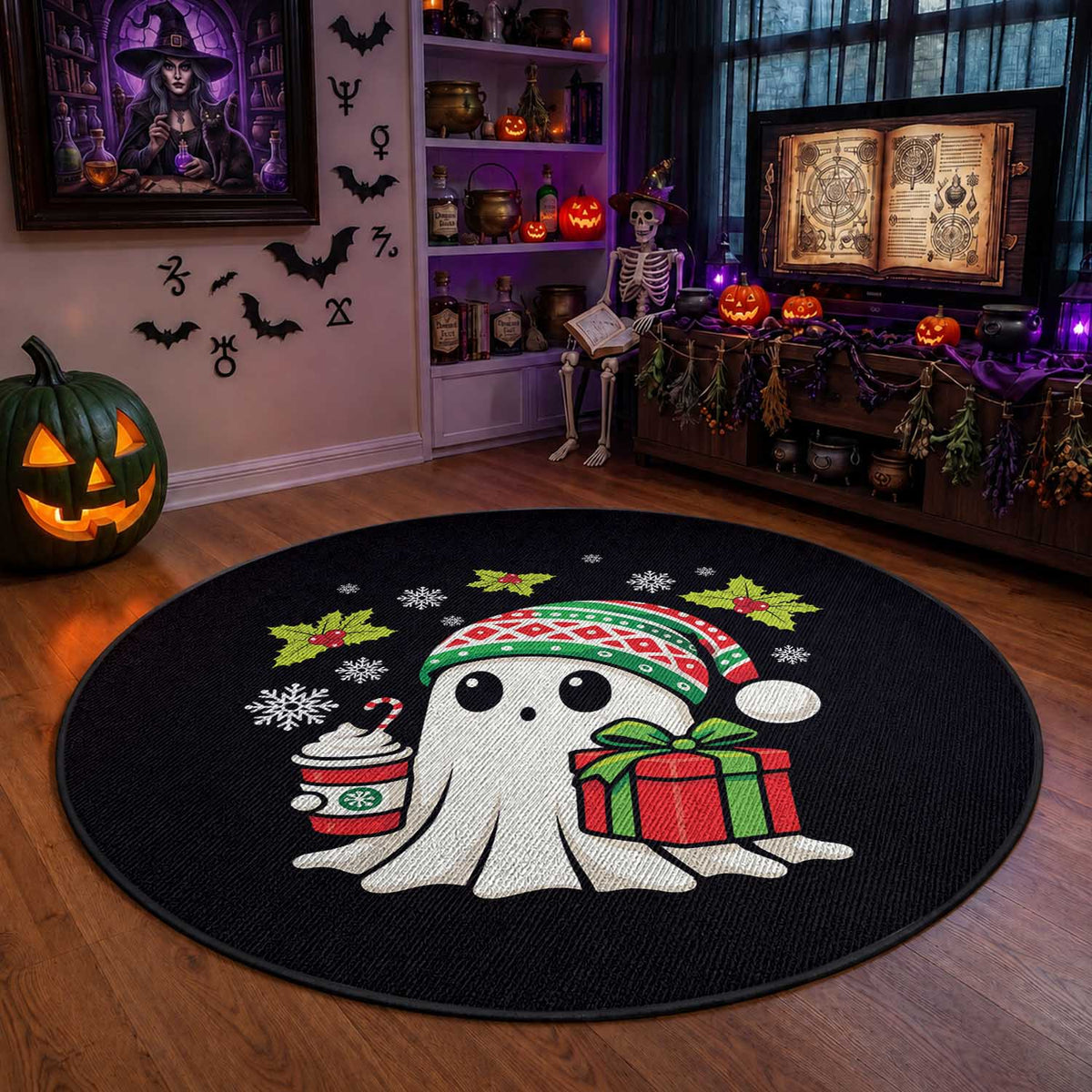Ghost Santa Christmas Round Rug Holiday Xmas Halloween