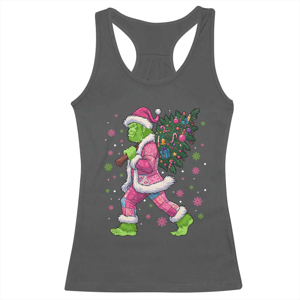 Bigfoot Christmas Tree Racerback Tank Top Pink Xmas Funny Green Sasquatch TS10 Dark Heather Print Your Wear
