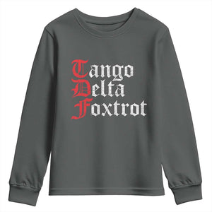 Funny Foxtrots Delta Tangos Youth Sweatshirt TS10 Dark Heather Print Your Wear