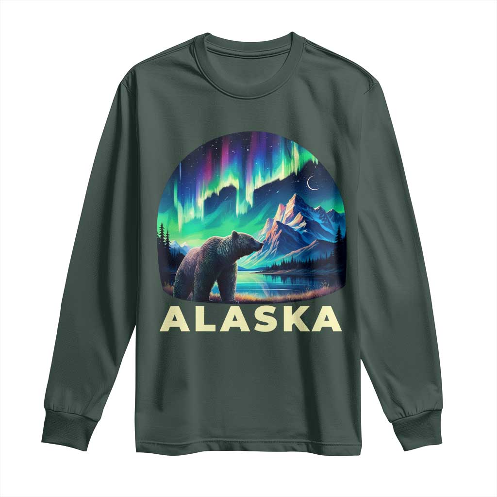 Bear Alaska Long Sleeve Shirt Alaskan Night Sky Northern Lights Aurora TS10 Dark Forest Green Print Your Wear