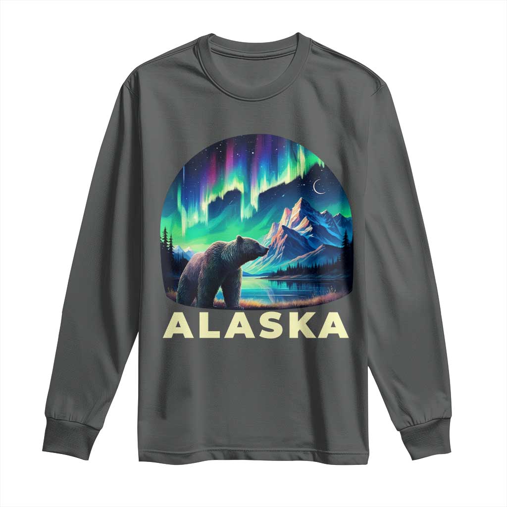 Bear Alaska Long Sleeve Shirt Alaskan Night Sky Northern Lights Aurora TS10 Dark Heather Print Your Wear