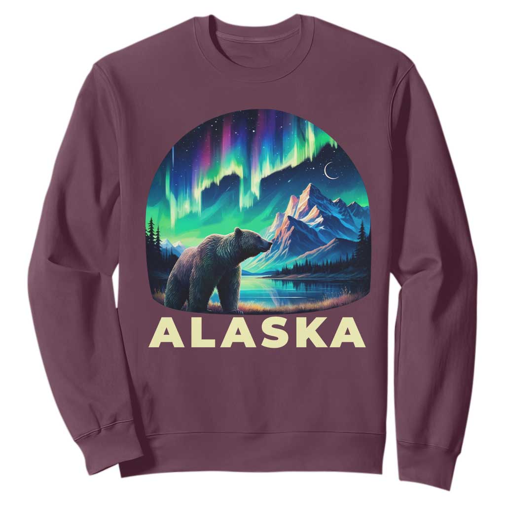Bear Alaska Sweatshirt Alaskan Night Sky Northern Lights Aurora TS10 Maroon Print Your Wear