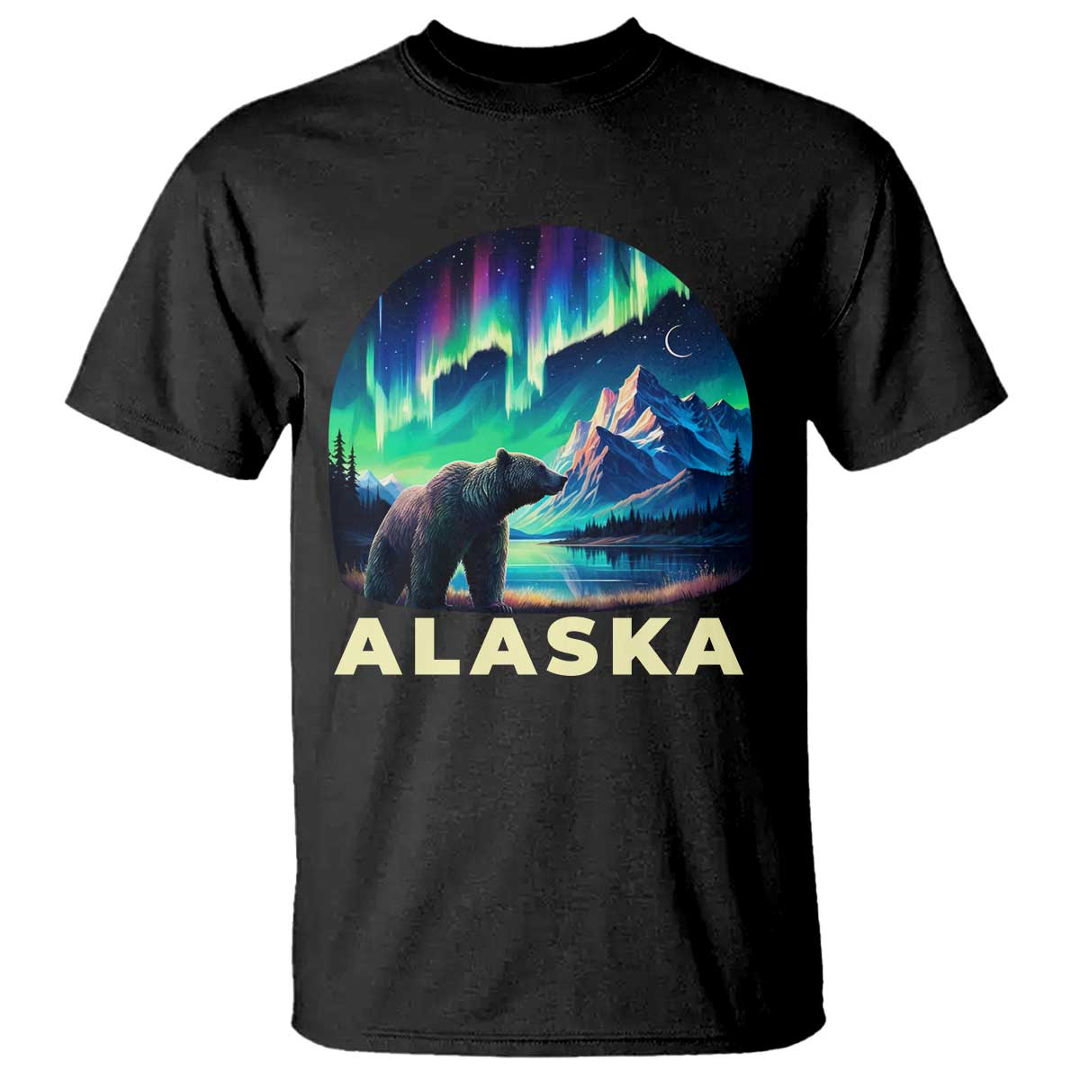 Bear Alaska T Shirt Alaskan Night Sky Northern Lights Aurora TS10 Black Print Your Wear