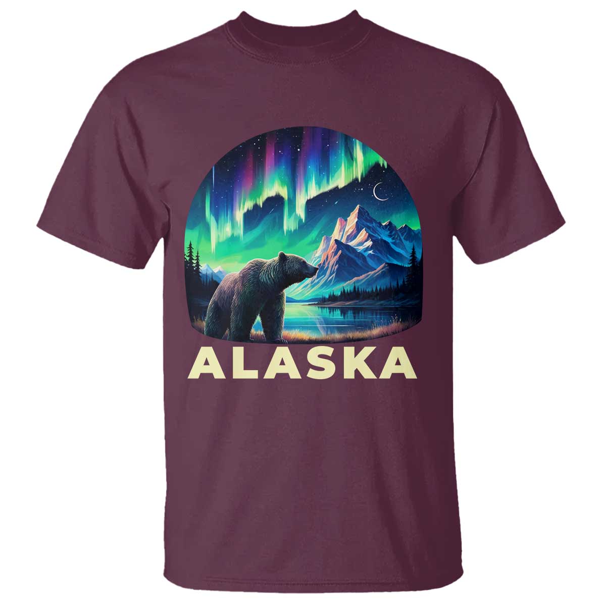 Bear Alaska T Shirt Alaskan Night Sky Northern Lights Aurora TS10 Maroon Print Your Wear