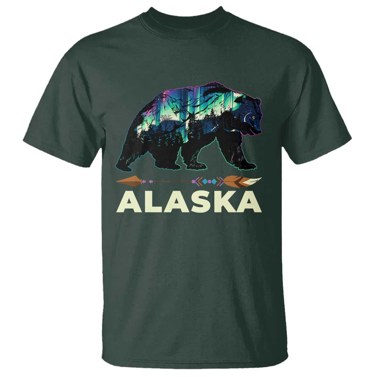 Alaska T Shirt Alaskan Night Sky Northern Lights Aurora Bear TS10 Dark Forest Green Print Your Wear