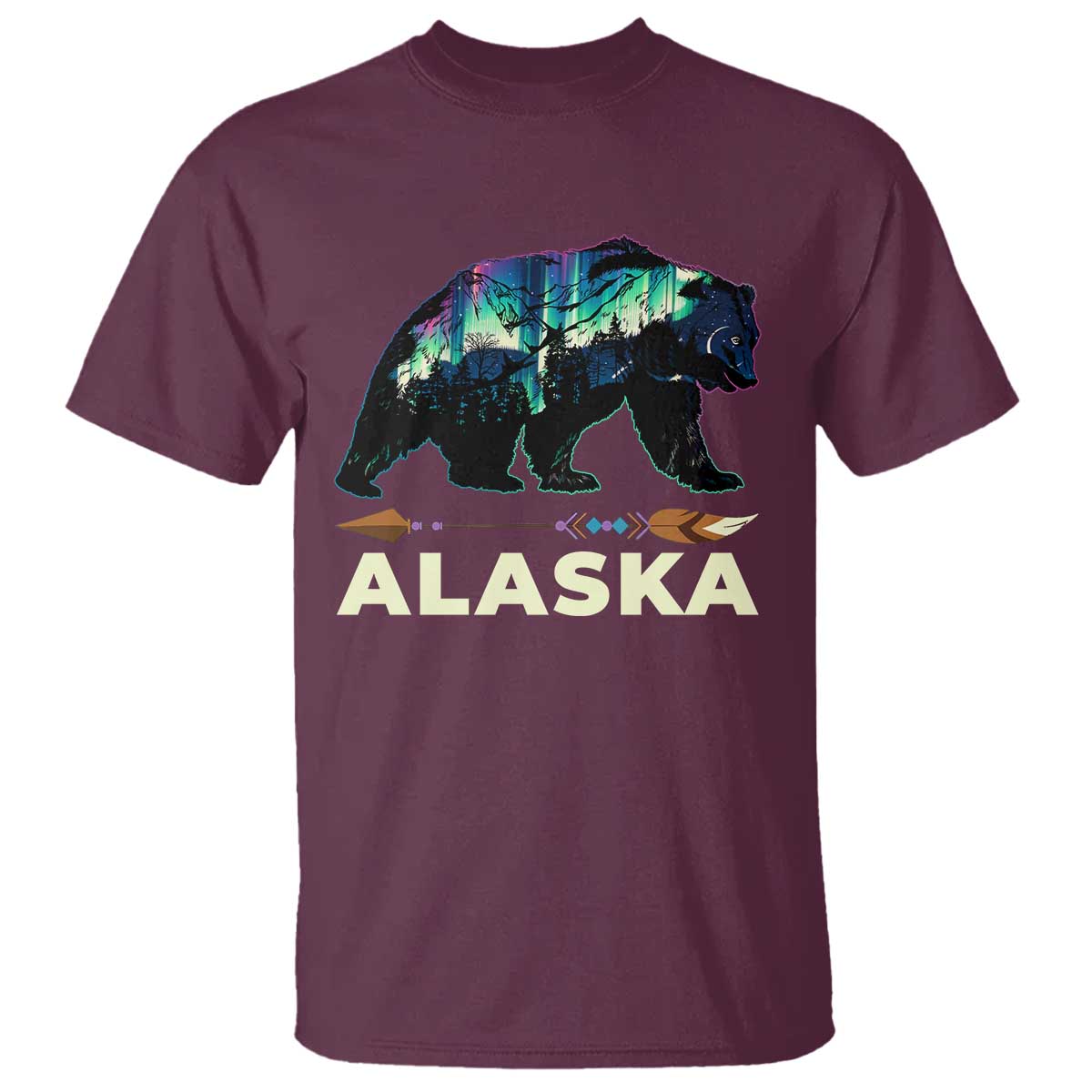Alaska T Shirt Alaskan Night Sky Northern Lights Aurora Bear TS10 Maroon Print Your Wear