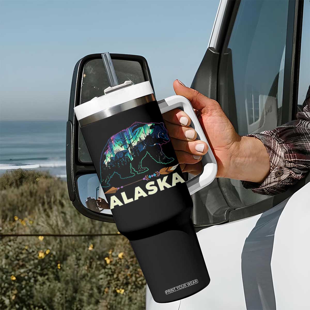 Alaska Tumbler With Handle Alaskan Night Sky Northern Lights Aurora Bear TS10 Print Your Wear
