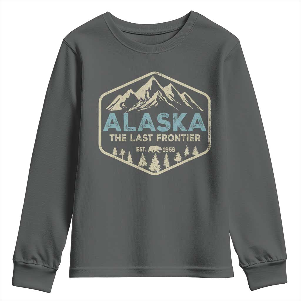 Vintage Alaska The Last Frontier Youth Sweatshirt Retro Alaskan Bear Mountain Souvenir TS10 Dark Heather Print Your Wear
