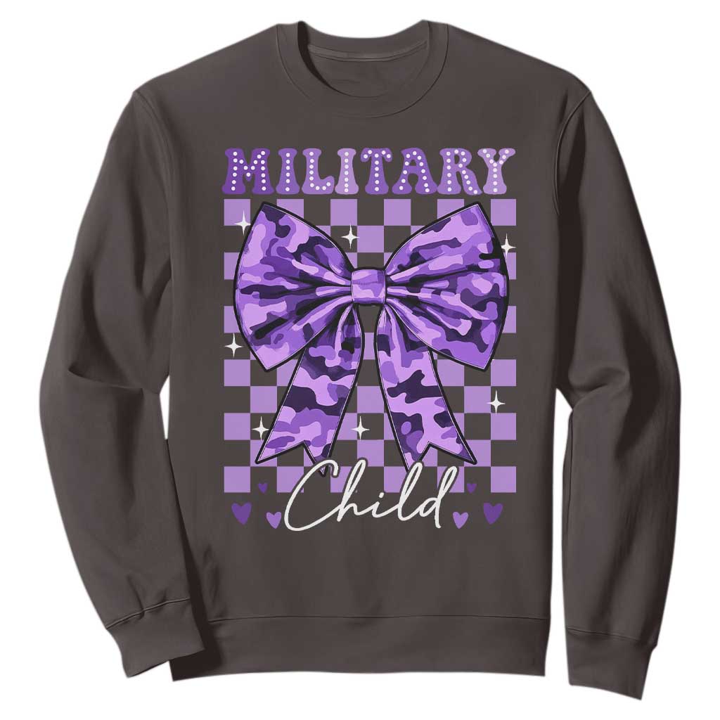 Military Child Coquette Bow Sweatshirt Purple Up Camo TS10 Dark Chocolate Print Your Wear