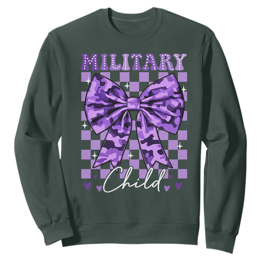 Military Child Coquette Bow Sweatshirt Purple Up Camo TS10 Dark Forest Green Print Your Wear