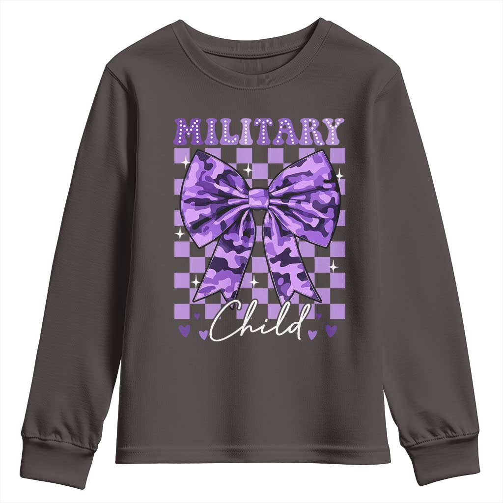 Military Child Coquette Bow Youth Sweatshirt Purple Up Camo TS10 Dark Chocolate Print Your Wear