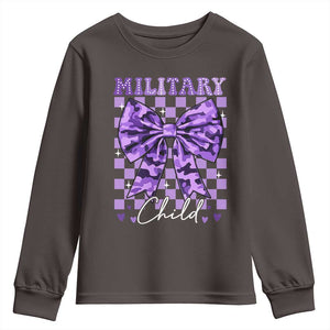 Military Child Coquette Bow Youth Sweatshirt Purple Up Camo TS10 Dark Chocolate Print Your Wear