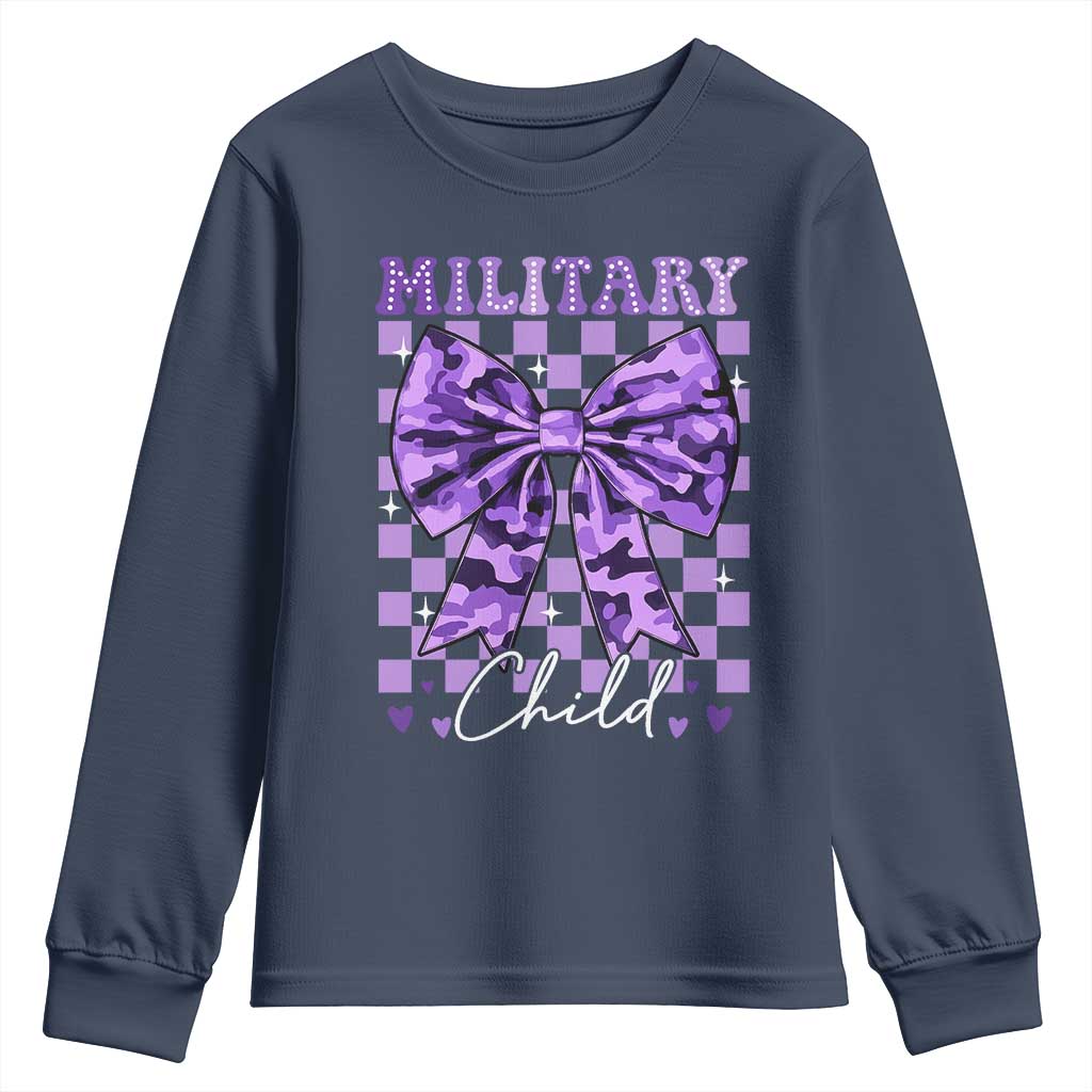 Military Child Coquette Bow Youth Sweatshirt Purple Up Camo TS10 Navy Print Your Wear