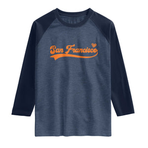 San Francisco Raglan Shirt SF Varsity California Script Vintage Sports Jersey Style TS10 Heather Denim Navy Print Your Wear