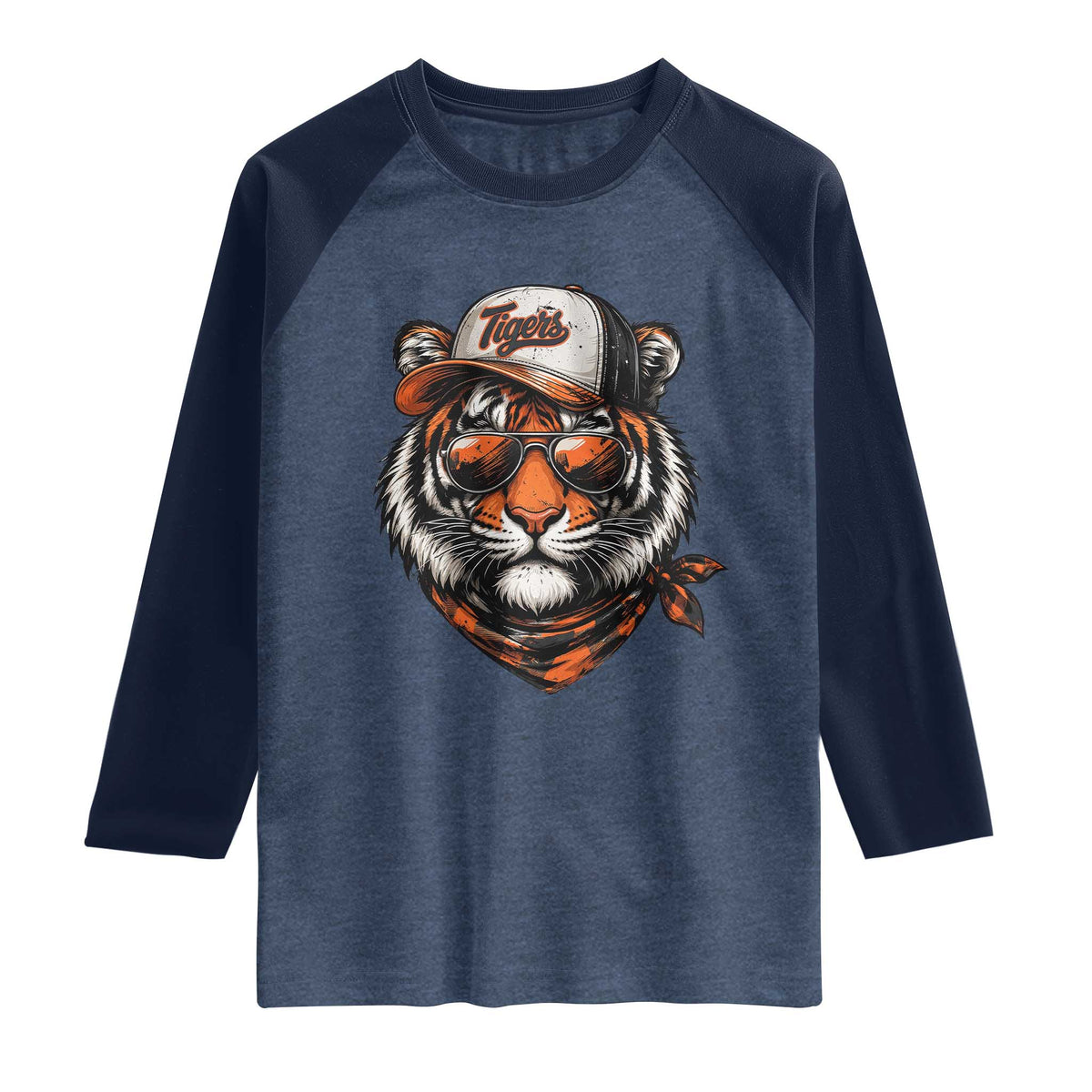 Tiger Mascot Raglan Shirt Vintage Sports Name TS10 Heather Denim Navy Print Your Wear
