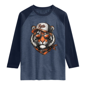 Tiger Mascot Raglan Shirt Vintage Sports Name TS10 Heather Denim Navy Print Your Wear