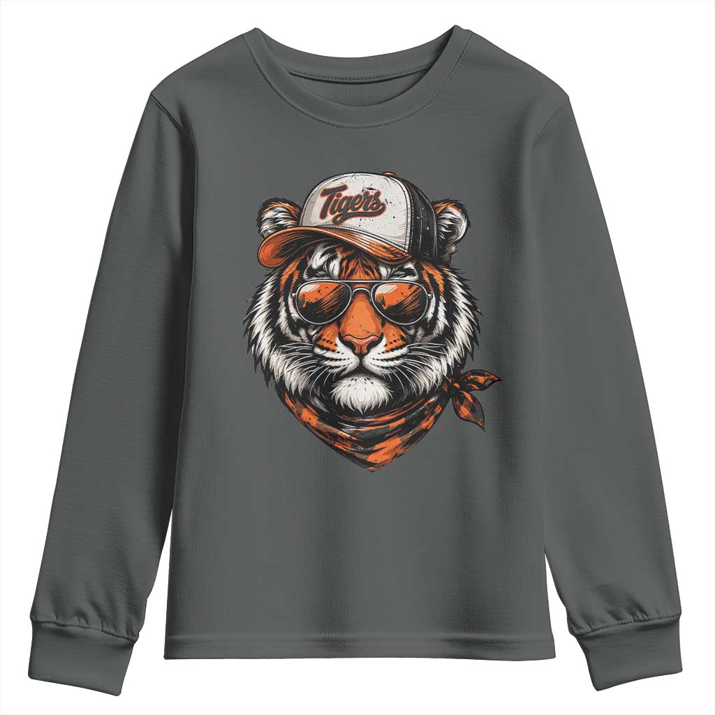 Tiger Mascot Youth Sweatshirt Vintage Sports Name TS10 Dark Heather Print Your Wear