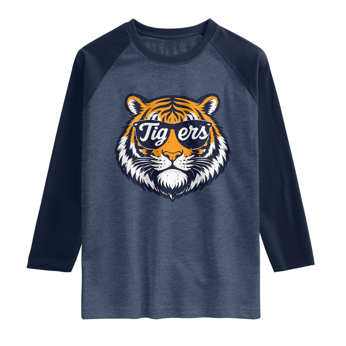 Tiger Face Raglan Shirt Vintage Sports Name TS10 Heather Denim Navy Print Your Wear