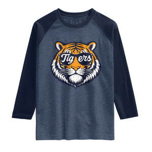 Tiger Face Raglan Shirt Vintage Sports Name TS10 Heather Denim Navy Print Your Wear