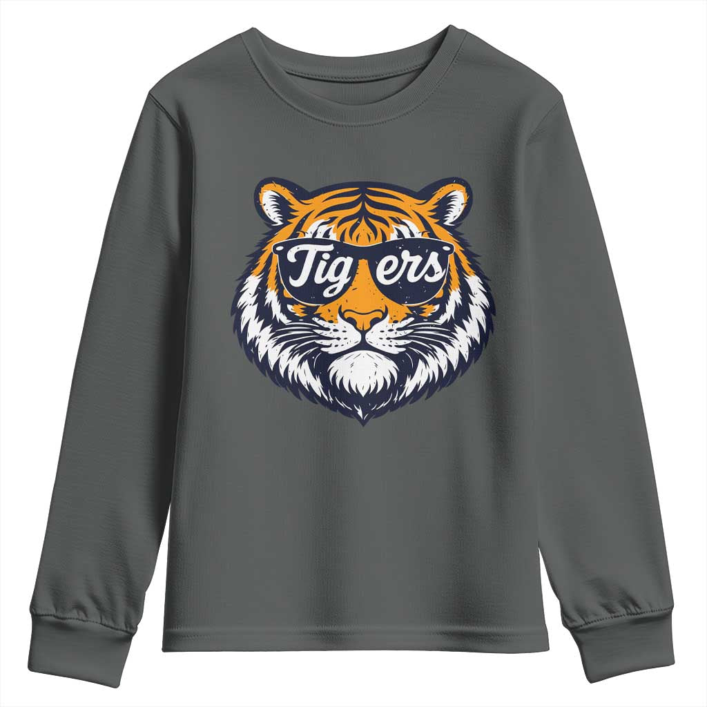 Tiger Face Youth Sweatshirt Vintage Sports Name TS10 Dark Heather Print Your Wear