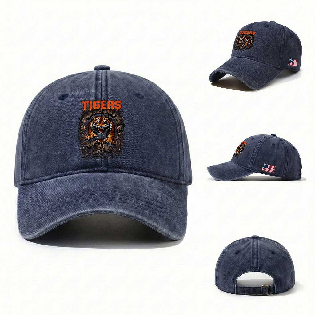 Tiger Sports Name Washed Cotton Baseball Cap Vintage Distressed Baseball Fans TS10 Washed Cap Universal Fit Navy Print Your Wear
