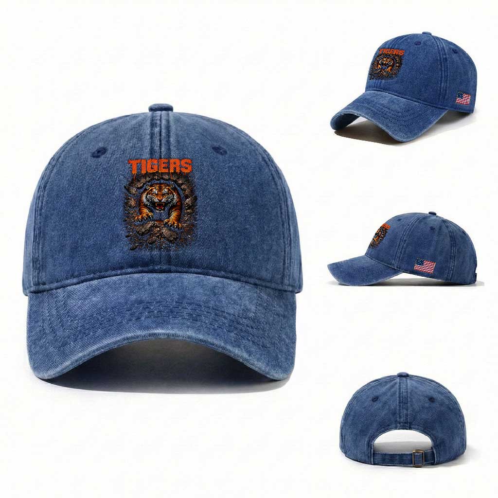 Tiger Sports Name Washed Cotton Baseball Cap Vintage Distressed Baseball Fans TS10 Washed Cap Universal Fit Royal Blue Print Your Wear