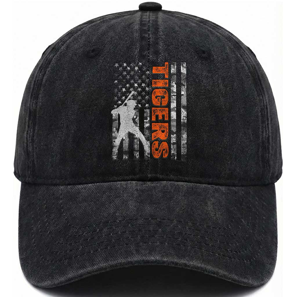Baseball Player Tiger Washed Cotton Baseball Cap Team Spirit American Flag USA Camo Patriotic Graphic TS10 Print Your Wear
