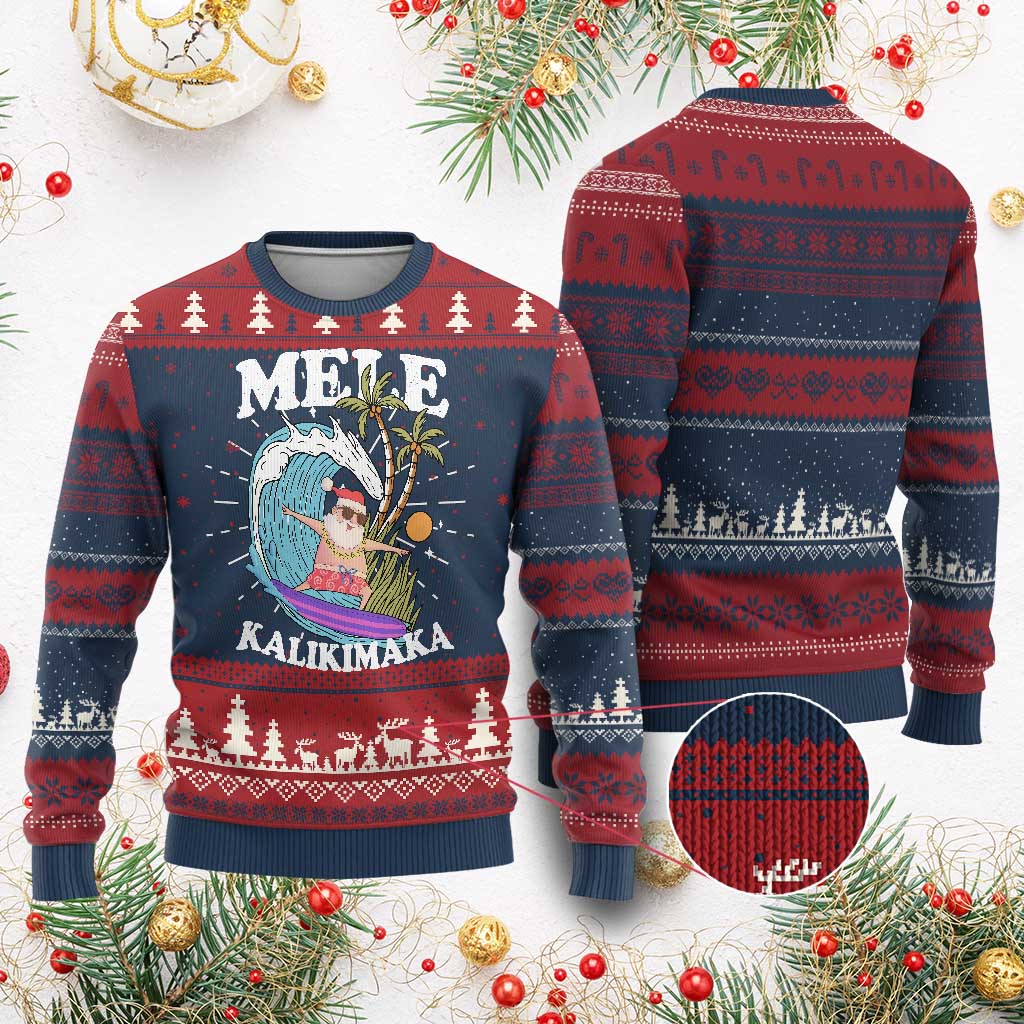 Mele Kalikimaka Hawaii Christmas Surfing Santa Knit Sweatshirt Summer Beach Hawaii Xmas In July TS10 Burgundy Print Your Wear