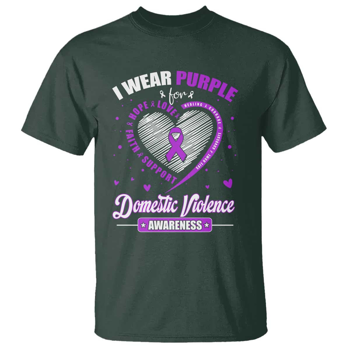 Domestic Violence Awareness T Shirt Purple Ribbon Support Survivor TS10 Dark Forest Green Print Your Wear