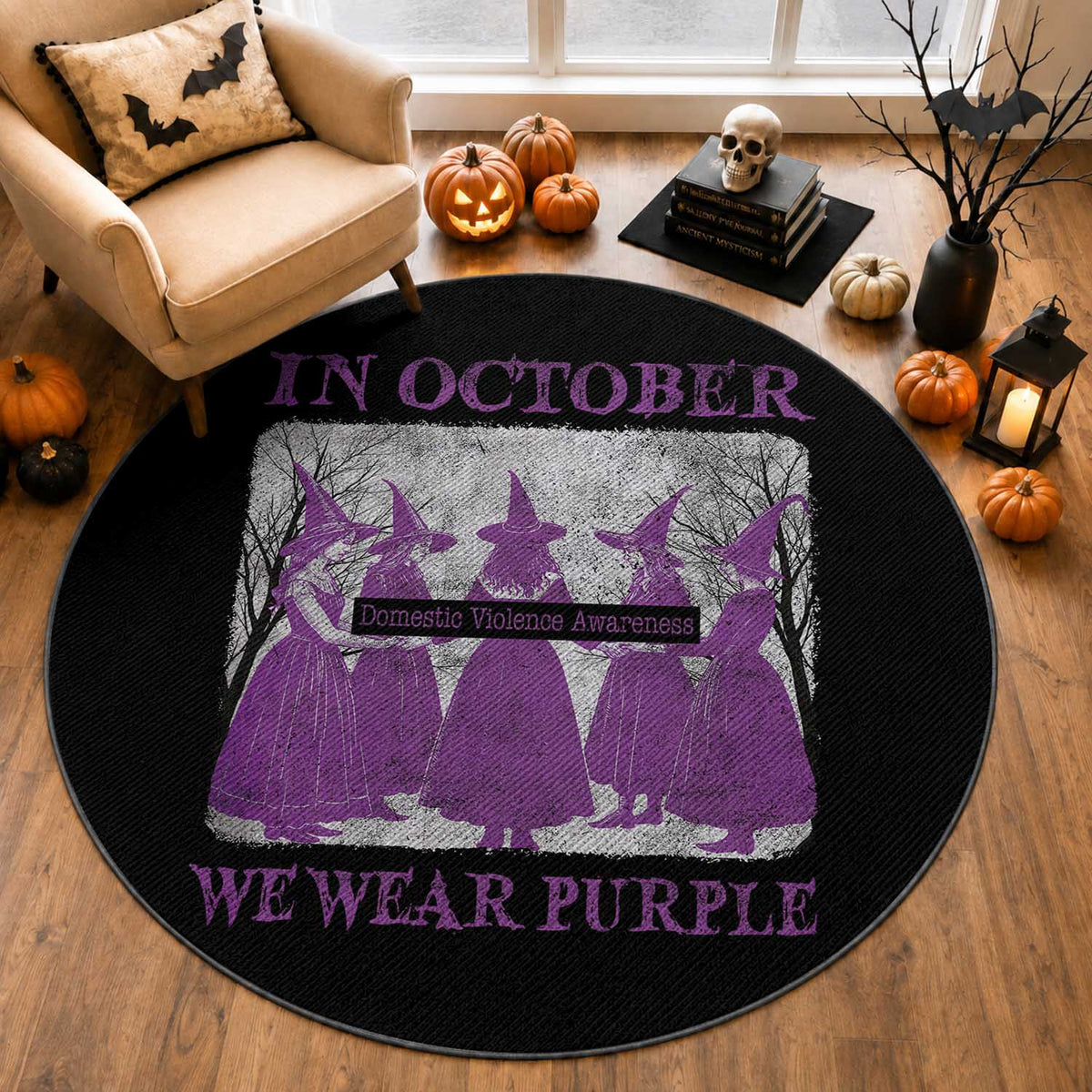 Retro In October We Wear Purple Witch Domestic Violence Awareness Round Rug