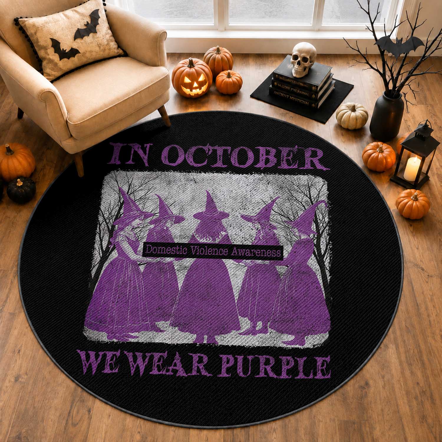 Retro In October We Wear Purple Witch Domestic Violence Awareness Round Rug