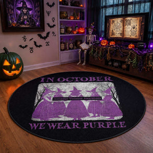 Retro In October We Wear Purple Witch Domestic Violence Awareness Round Rug