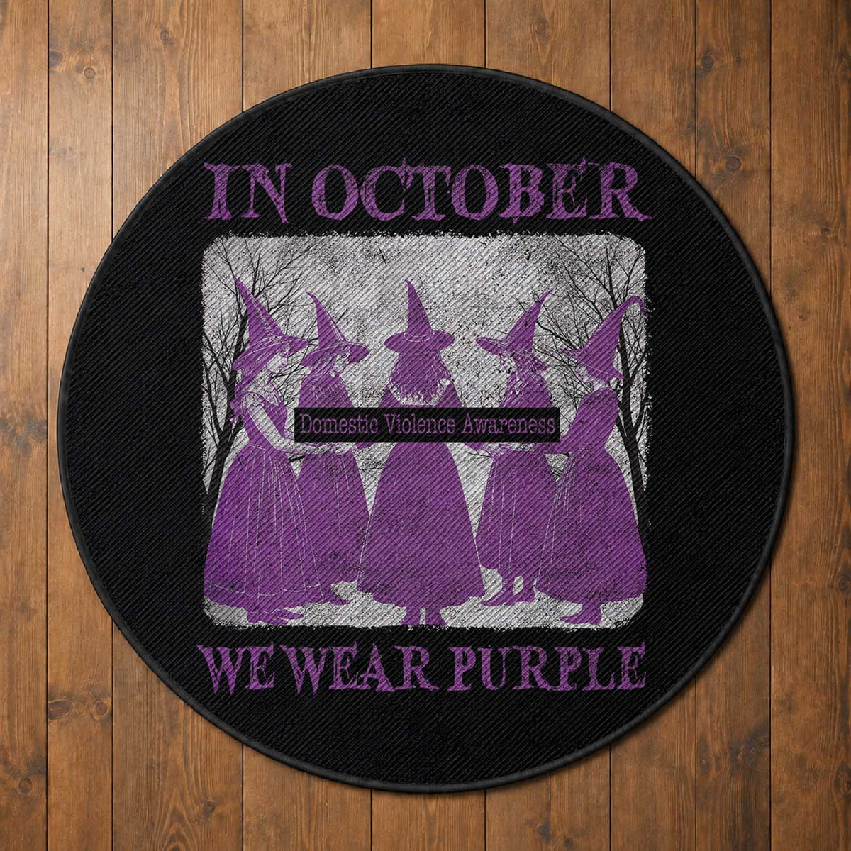 Retro In October We Wear Purple Witch Domestic Violence Awareness Round Rug