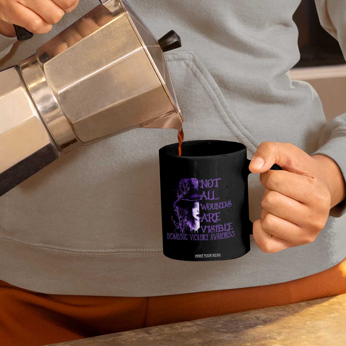 Stop Domestic Violence Coffee Mug Purple Ribbon Witch Graphic Witchy Feminist TS10 Print Your Wear