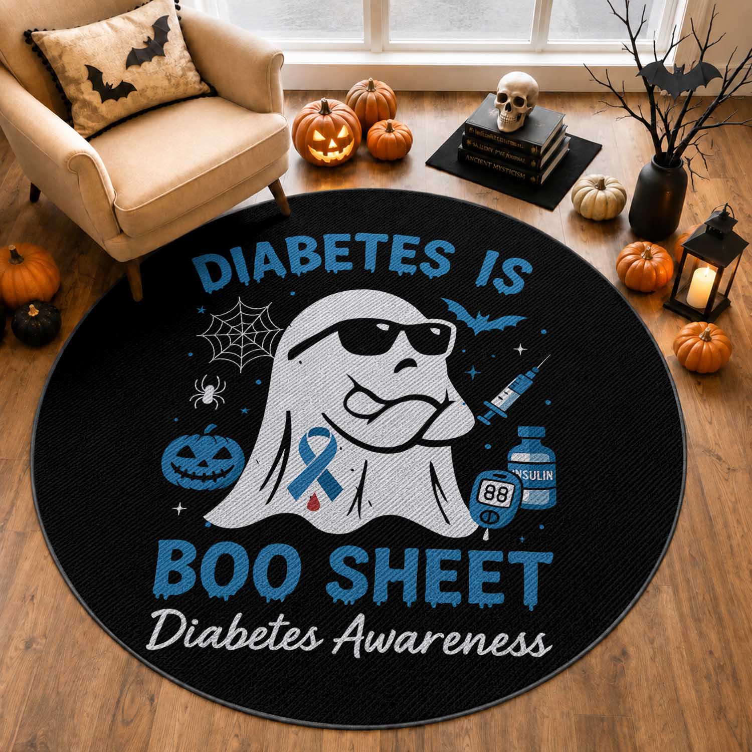 Diabetes is Boo Sheet Round Rug Funny Halloween Ghost Diabetes Type 1 2 Awareness