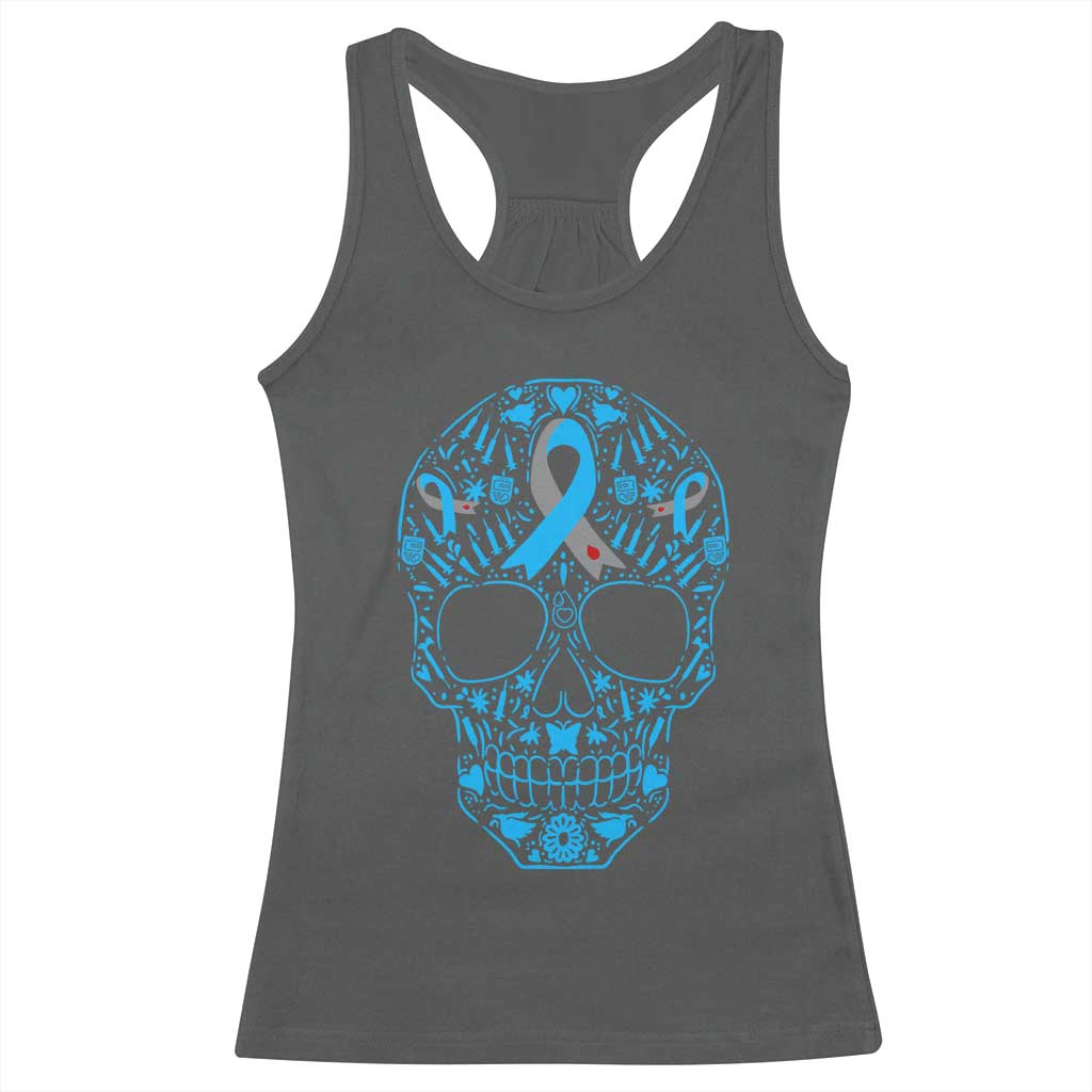 Diabetes Awareness Skull Racerback Tank Top Blue Ribbon T1D Support Sugar Skull TS10 Dark Heather Print Your Wear