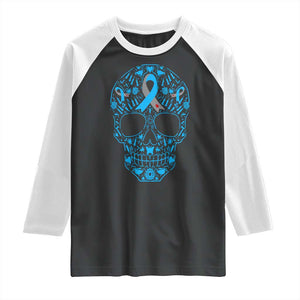 Diabetes Awareness Skull Raglan Shirt Blue Ribbon T1D Support Sugar Skull TS10 Black White Print Your Wear