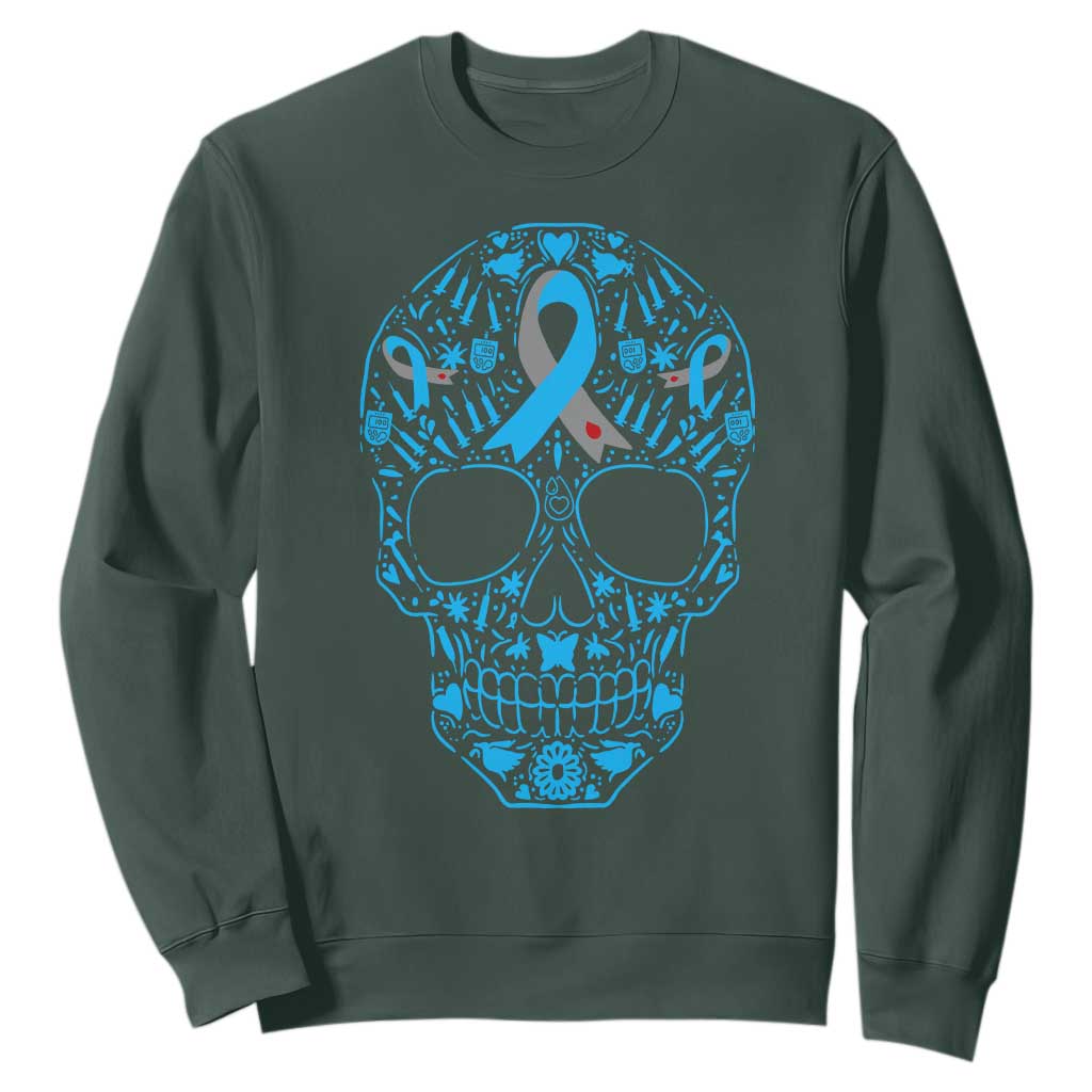 Diabetes Awareness Skull Sweatshirt Blue Ribbon T1D Support Sugar Skull TS10 Dark Forest Green Print Your Wear