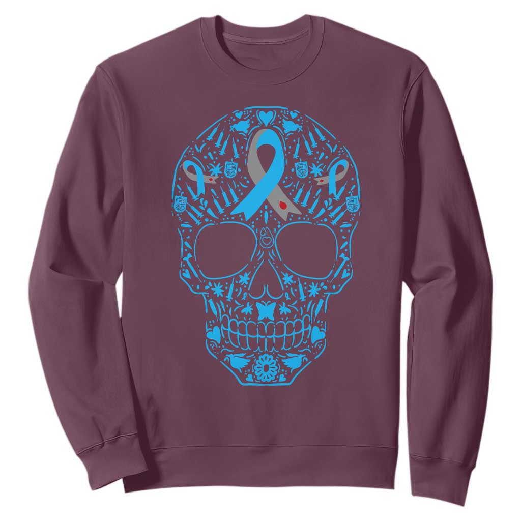Diabetes Awareness Skull Sweatshirt Blue Ribbon T1D Support Sugar Skull TS10 Maroon Print Your Wear