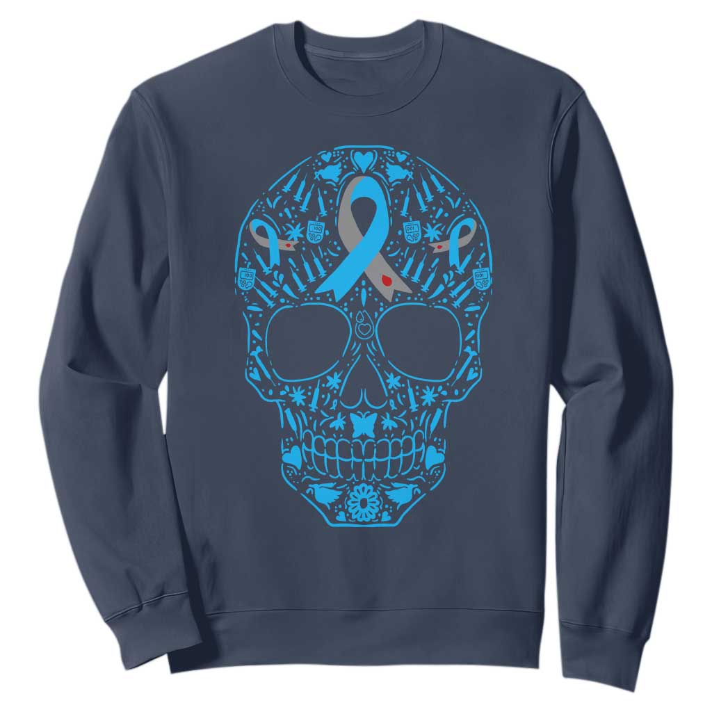 Diabetes Awareness Skull Sweatshirt Blue Ribbon T1D Support Sugar Skull TS10 Navy Print Your Wear