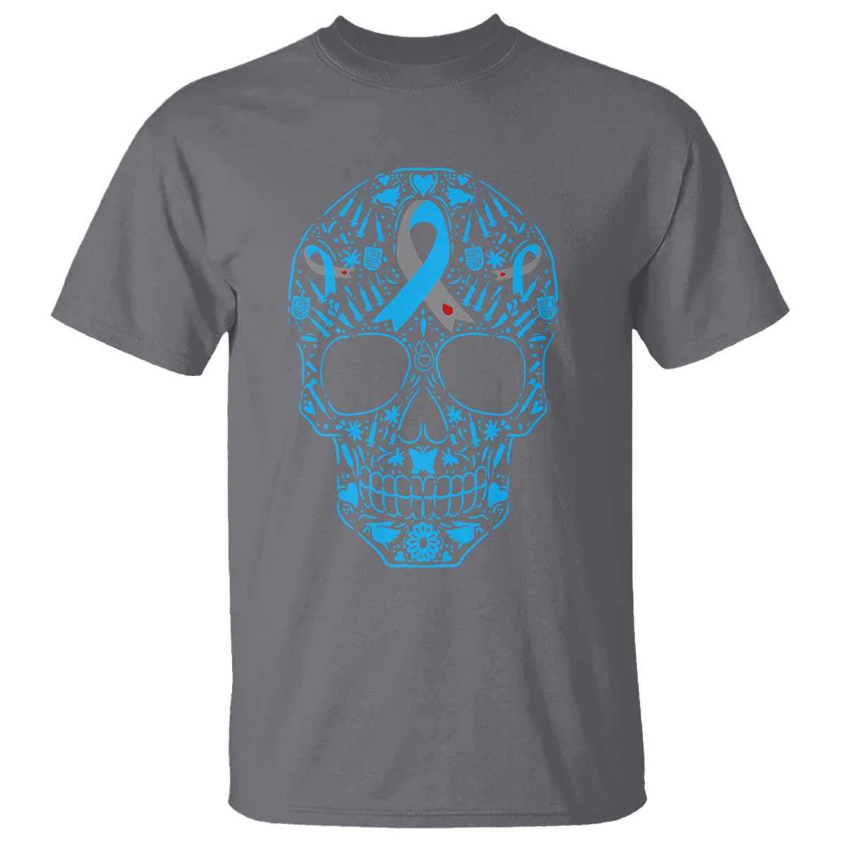 Diabetes Awareness Skull T Shirt Blue Ribbon T1D Support Sugar Skull TS10 Charcoal Print Your Wear
