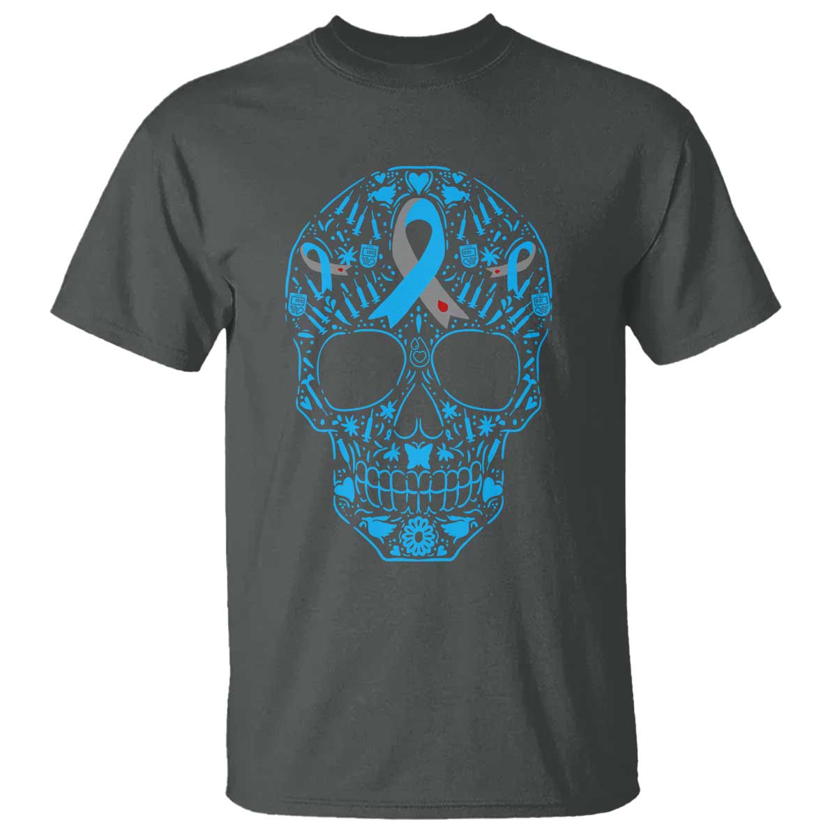 Diabetes Awareness Skull T Shirt Blue Ribbon T1D Support Sugar Skull TS10 Dark Heather Print Your Wear
