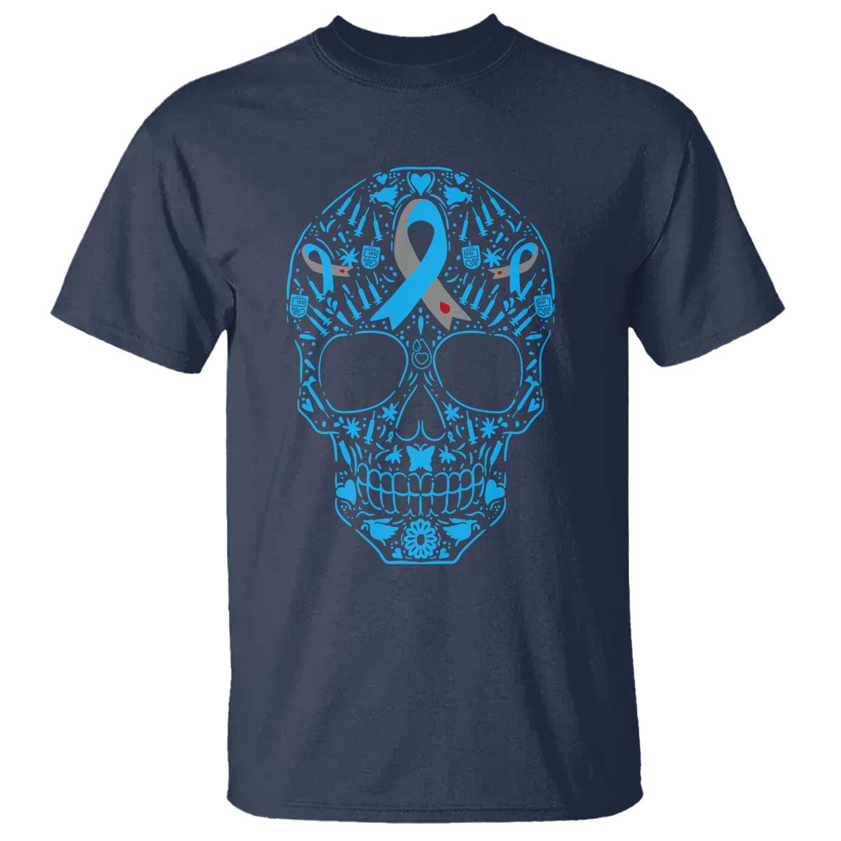 Diabetes Awareness Skull T Shirt Blue Ribbon T1D Support Sugar Skull TS10 Navy Print Your Wear