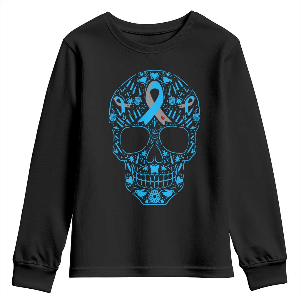 Diabetes Awareness Skull Youth Sweatshirt Blue Ribbon T1D Support Sugar Skull TS10 Black Print Your Wear