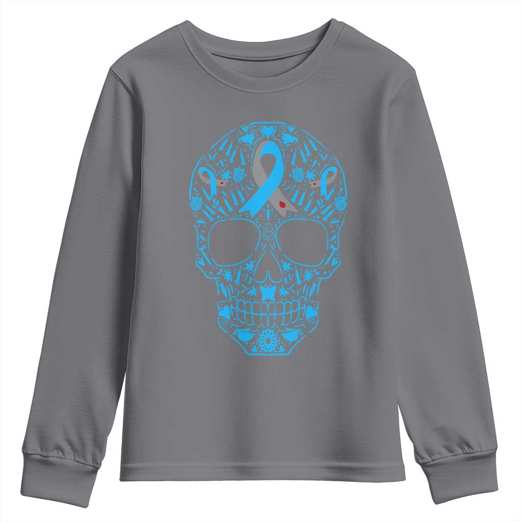 Diabetes Awareness Skull Youth Sweatshirt Blue Ribbon T1D Support Sugar Skull TS10 Charcoal Print Your Wear