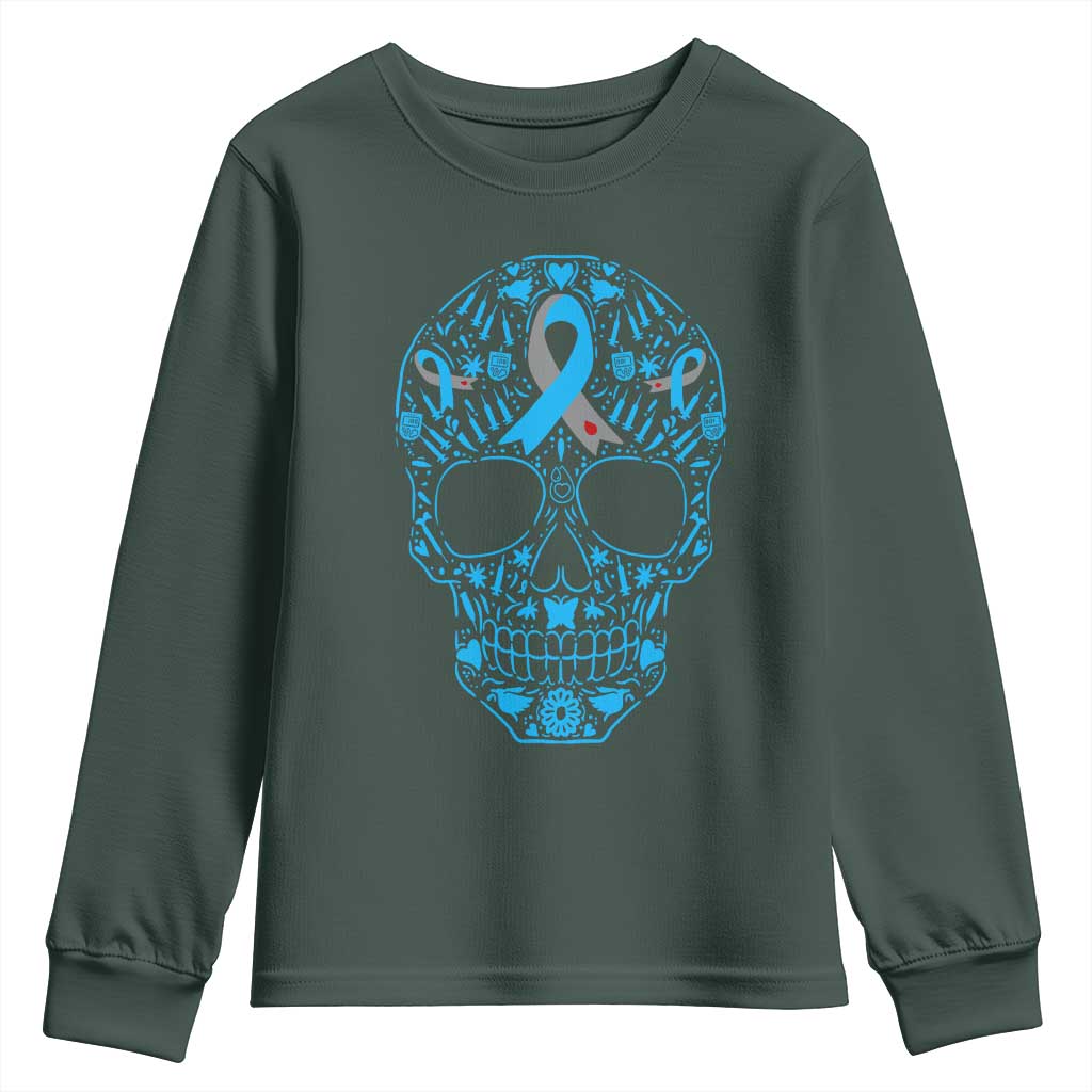 Diabetes Awareness Skull Youth Sweatshirt Blue Ribbon T1D Support Sugar Skull TS10 Dark Forest Green Print Your Wear