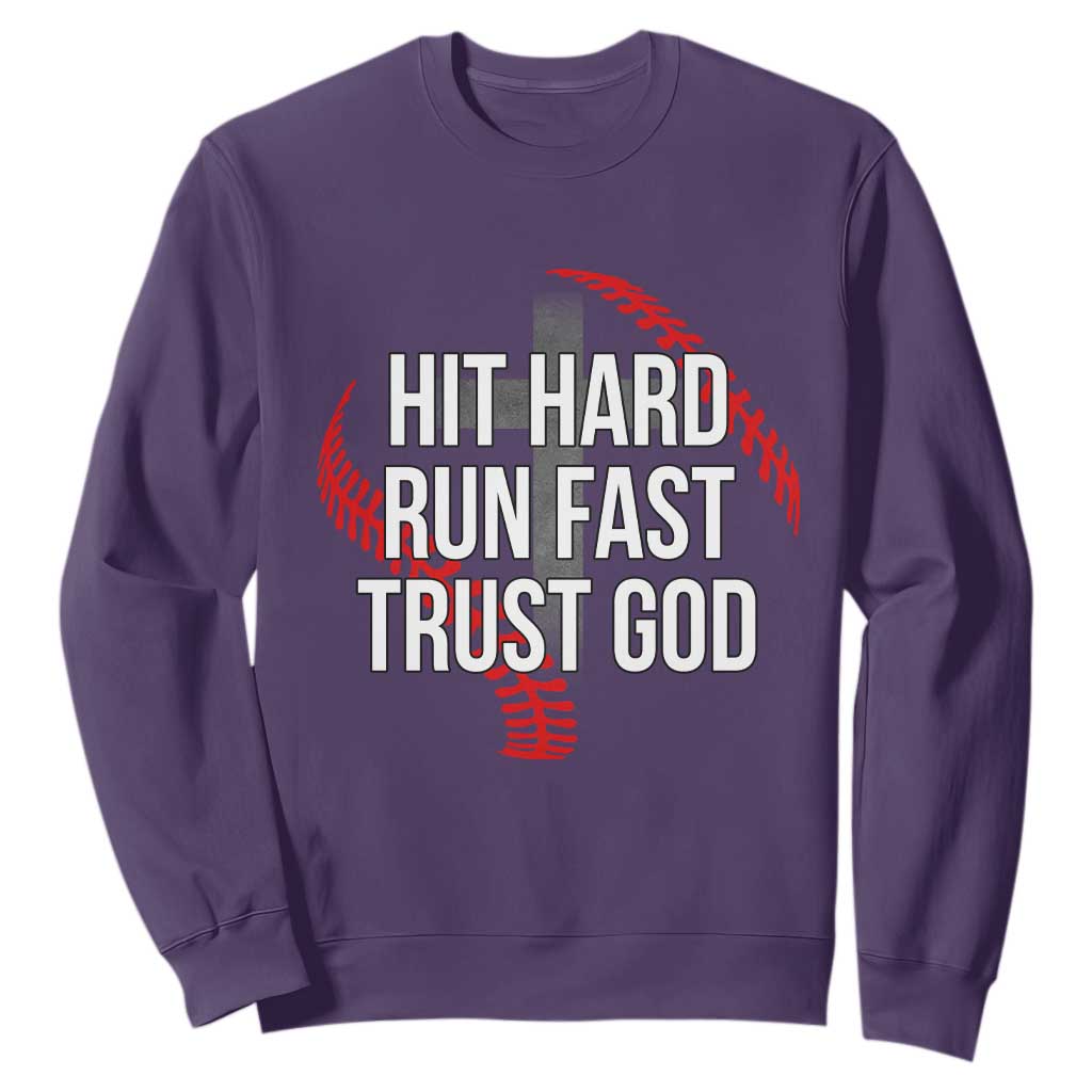 Hit Hard Run Fast Trust God Christian Baseball Sweatshirt TS11 Purple Print Your Wear